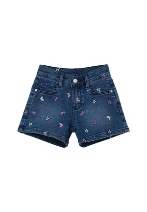 Mørkeblå denim shorts med frontknap, bæltestropper og små lyserøde, grønne og hvide sommerfugle- og blomsterbroderier.