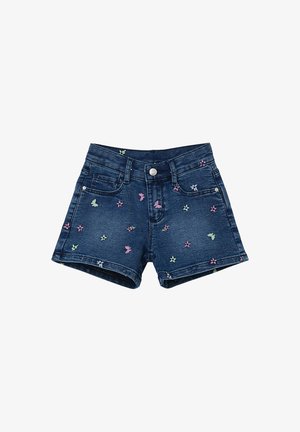 Mørkeblå denim shorts med frontknap, bæltestropper og små lyserøde, grønne og hvide sommerfugle- og blomsterbroderier.