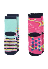Bunte Socken: links in Mint mit Sternen und Streifen, rechts in Pink mit Mustern und blauen Griffpunkten, beide mit marineblauen Bündchen.