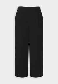 Schwarze weit geschnittene Hose mit glatter Textur, flachem Taillenbund und zwei Vorderfalten. Einfaches Design, ohne sichtbare mechanische Elemente oder Akzente.