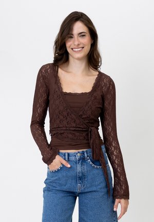 OH APRIL, SYLVA LACE WRAP CARDIGAN - Μπλούζα - dark brown