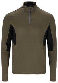 Olivgrüner Langarm-Pullover mit halbem Reißverschluss, ausgestattet mit seitlichen Einsätzen aus schwarzem Netzgewebe und einem Logo-Detail auf der Vorderseite. Glatte Textur und taillierte Passform.