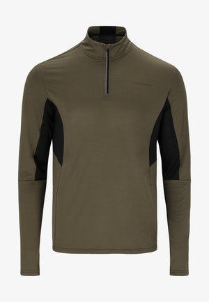 Olivgrüner Langarm-Pullover mit halbem Reißverschluss, ausgestattet mit seitlichen Einsätzen aus schwarzem Netzgewebe und einem Logo-Detail auf der Vorderseite. Glatte Textur und taillierte Passform.