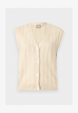 Μπεζ πλεκτό γιλέκο χωρίς μανίκια με κάθετη ρίγα και τέσσερα λευκά κουμπιά μπροστά, με V-λαιμόκοψη και ετικέτα της μάρκας στο εσωτερικό γιακά.