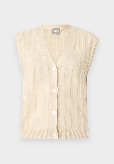 Μπεζ πλεκτό γιλέκο χωρίς μανίκια με κάθετη ρίγα και τέσσερα λευκά κουμπιά μπροστά, με V-λαιμόκοψη και ετικέτα της μάρκας στο εσωτερικό γιακά.