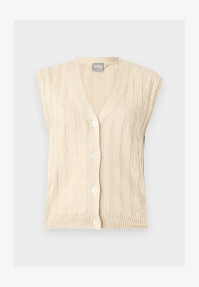 Μπεζ πλεκτό γιλέκο χωρίς μανίκια με κάθετη ρίγα και τέσσερα λευκά κουμπιά μπροστά, με V-λαιμόκοψη και ετικέτα της μάρκας στο εσωτερικό γιακά.