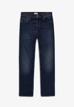 Mörkblå denimjeans med rak benstigning, som har kopparstickningar, fem fickor och en klassisk midja med knappstängning.