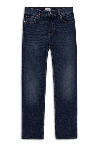 Jeans in denim blu scuro con taglio dritto, caratterizzati da cuciture in rame, cinque tasche e una cintura classica con chiusura a bottone.