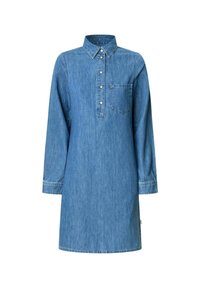 Denim obleka z dolgimi rokavi, ovratnikom, sprednjim zapenjanjem na gumbe in žepom na prsih. Ima svetlo modro barvo in ravno silhueto.