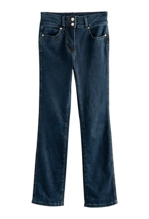 Jean en denim bleu foncé avec une coupe droite, fermeture à double bouton et quatre poches. Texture lisse avec un minimalisme dans l'effritement.