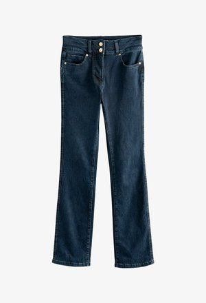 Jean en denim bleu foncé avec une coupe droite, fermeture à double bouton et quatre poches. Texture lisse avec un minimalisme dans l'effritement.