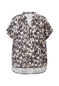 Blusa over-size in tessuto leggero con scollo a V, maniche corte e stampa leopardata nera e beige, con dettagli arancioni.