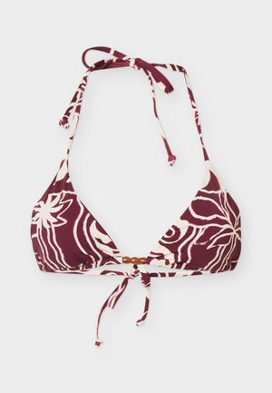Bordeauxrode en beige driehoekige bikinitop met bloemenpatroon, nek- en rugstrikjes, en drie houten kralen in het midden aan de voorkant.