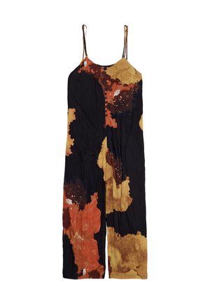 Sleeveless jumpsuit with thin straps, front buttons, and abstract orange, brown, and yellow tie-dye pattern on black fabric.
