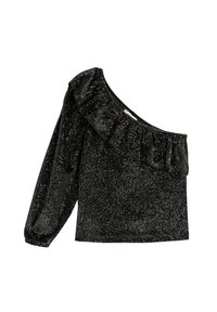 Zwarte top met één schouder, gerimpelde halslijn, lange pofmouw en gespikkelde metallic details door de stof, zachte textuur.