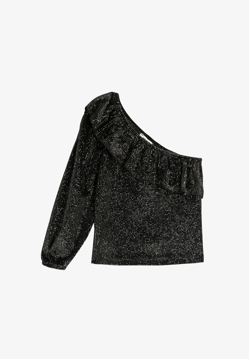 Musta olkaimia jättävä toppi, jossa on röyhelökaulus, pitkä puffihihna ja kankaan läpi kulkevia pilkullisia metallisia yksityiskohtia, pehmeä rakenne.