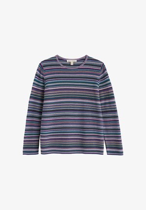 Garais piedurkņu džemperis ar apaļu kakla izgriezumu, rotāts ar horizontālām daudzkrāsainām svītrām purpura, zilā, zaļā un pelēkā krāsā uz baltas fona.