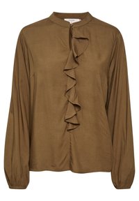 Blusa marrone con una parte anteriore arricciata, colletto alto e maniche lunghe e gatherate. Realizzata in un tessuto morbido con una superficie liscia.