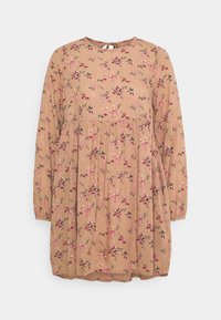 Ruskea kukkamekko, jossa on pitkät hihat, pyöreä kaula-aukko, rypytetty vyötärö ja pinkkejä sekä vihreitä kukkakuoseja ympäriinsä. Pehmeä, teksturoitu kangas.