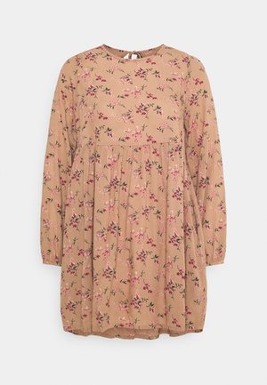 Braunes Blumenkleid mit langen Ärmeln, runder Halslinie, gerafftem Bund und rosa sowie grünen Blumenmustern. Weicher, strukturierter Stoff.