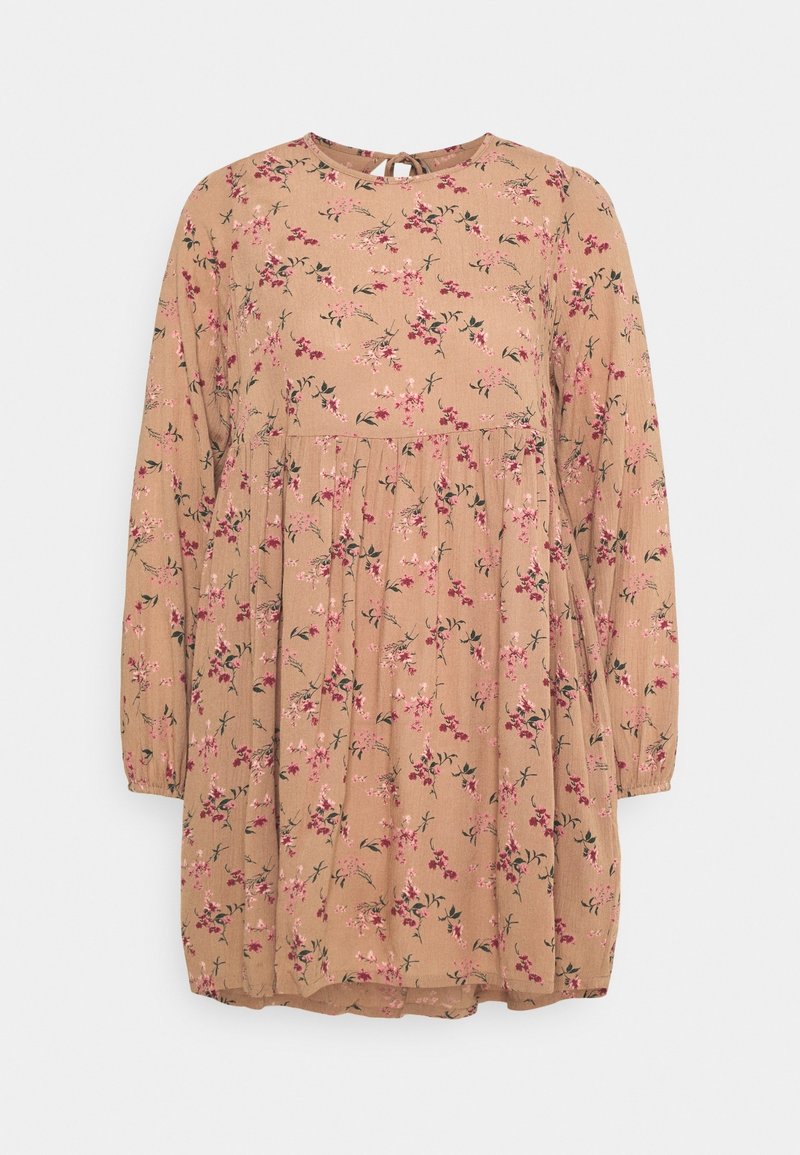 Ruskea kukkamekko, jossa on pitkät hihat, pyöreä kaula-aukko, rypytetty vyötärö ja pinkkejä sekä vihreitä kukkakuoseja ympäriinsä. Pehmeä, teksturoitu kangas.