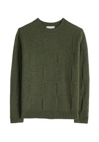 Maglione verde oliva con un motivo quadrato a texture. Presenta un collo a girocotolo e orlo a coste. Realizzato in tessuto knit per calore e comfort.