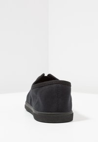 Svarta canvas slip-on skor med en texturerad gummisula, låg klack och en enkel design, med en rund tå och ingen synlig sömnad.