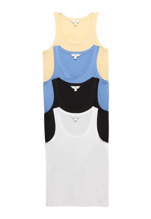 Stapeltje van vier mouwloze tanktops in geel, blauw, zwart en wit, netjes gerangschikt op een witte achtergrond.