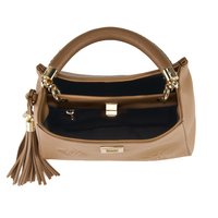 Beige Leder-Handtasche mit einem runden Griff, goldenen Beschlägen, Quasten-Detail und einem schwarzen Innenraum mit einer Innentasche und einem Klemmverschluss.