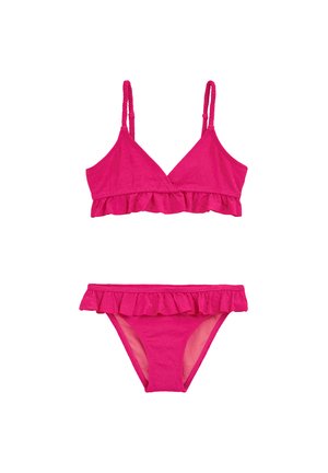 Rosa Bikini-Set mit einem rüschenden Oberteil mit dünnen Trägern und passenden Bottoms mit Rüschendetails. Hergestellt aus leichtem, strukturiertem Stoff.