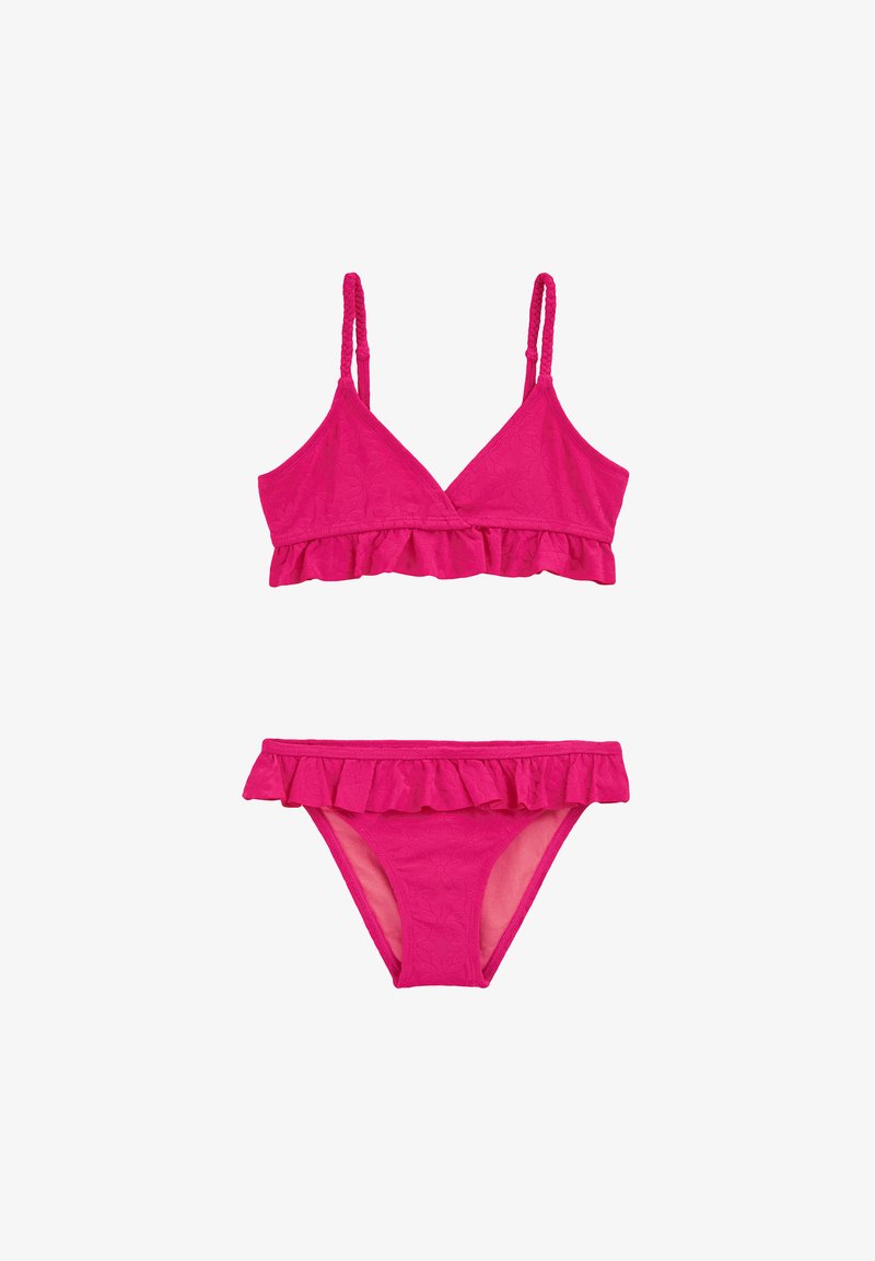 Set di bikini rosa con top arricciato e spalline sottili, abbinato a slip con dettagli arricciati. Realizzato in tessuto leggero e testurizzato.