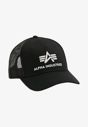 Musta pesapalli särk, millel on kõver ääre ja võrkselg. Esiküljel on valge "ALPHA INDUSTRIES" logo ja kolm triibu disaini.