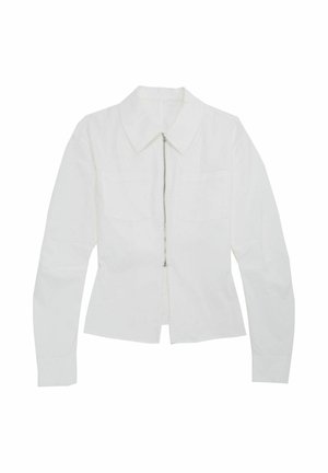 Weißes Langarmhemd aus Baumwolle mit spitzem Kragen, Frontreißverschluss und zwei Brusttaschen. Glatte Textur, taillierte Passform.