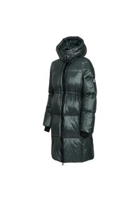 Lange, puffy donkergroene parka met een glanzende afwerking, ritssluiting over de volle lengte, capuchon en zwarte accenten bij de mouwen en ritssluiting.