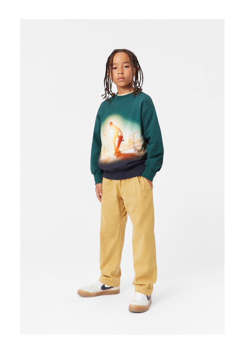 Felpa verde e blu con una grafica di skateboard, abbinata a pantaloni beige e sneakers bianche con swoosh nero.