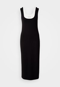 Μαύρο midi φόρεμα χωρίς μανίκια με λευκή λαιμόκοψη σε στρογγυλό σχήμα. Κατασκευασμένο από απαλό ύφασμα, με εφαρμοστή σιλουέτα και ίσιο τελείωμα.