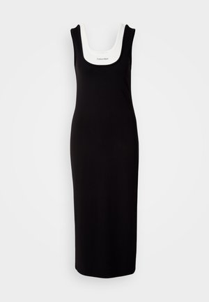 Schwarzes ärmelloses Midikleid mit weißem U-Boot-Ausschnitt. Aus weichem Stoff gefertigt, mit figurbetonter Silhouette und geradem Saum.