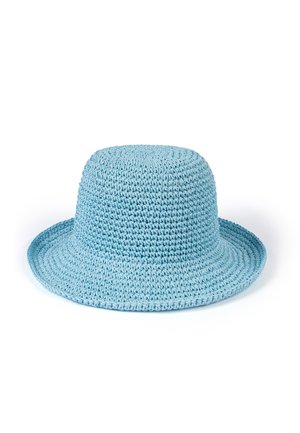 Light blue crocheted bucket hat with a wide, slightly flared brim, shown on a white background.