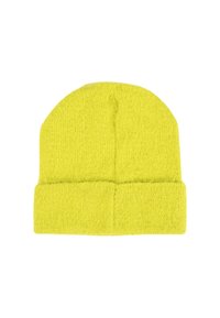 Beanie lavorato a maglia di un brillante giallo; trama morbida con dettaglio a risvolto. Forma rotonda per una vestibilità aderente, adatta per il clima più fresco.