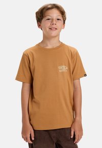 Camiseta de algodón marrón con mangas cortas, que presenta un logo de Quiksilver en el lado izquierdo del pecho y un cuello redondo estándar. Textura suave.