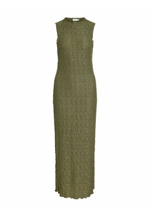 Maxi šaty bez rukávů v olivově zelené barvě s texturovaným pletením, vysokým kulatým výstřihem a přiléhavým střihem.