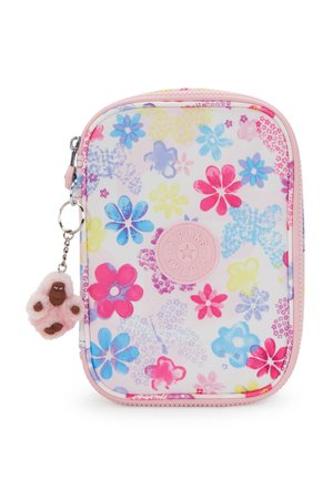 Kleine Pastell-gestreifte Tasche mit Reißverschluss, Blumenmuster, rundem Kipling-Logo und einem rosa pelzigen Affen-Schlüsselanhänger.