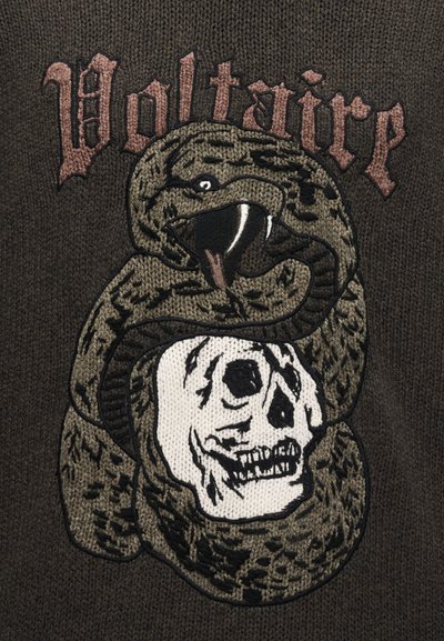 Περιστρεφόμενο φίδι με ανοιχτό στόμα και κυνόδοντες τυλιγμένο γύρω απ ό ένα λευκό κρανίο, με το κείμενο "Voltaire" από πάνω σε σκούρο πλεκτό ύφασμα.
