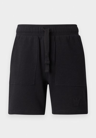 Schwarze Shorts aus einem Baumwollmischgewebe, mit einem elastischen Bund und Kordelzug, zwei seitlichen Taschen und einem kleinen Logodetail.