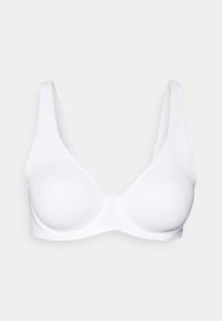 White lightly textured underwire bra with thick adjustable straps and molded cups on a plain background.