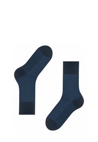 Calzini blu navy con motivo a spina di pesce, dotati di punta e bordo rinforzati, e una texture liscia per garantire comfort e durata.