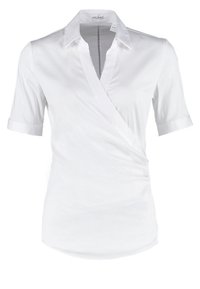 Biała koszula w stylu kopertowym z krótkimi rękawami, z kołnierzykiem, gładką fakturą oraz marszczeniem po bokach dla dopasowanego sylwetki.