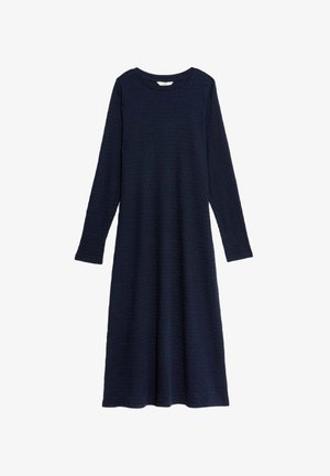 Robe à manches longues de couleur bleu marine, en tissu texturé et côtelé. Silhouette évasée avec un décolleté rond et une couleur unie tout au long.