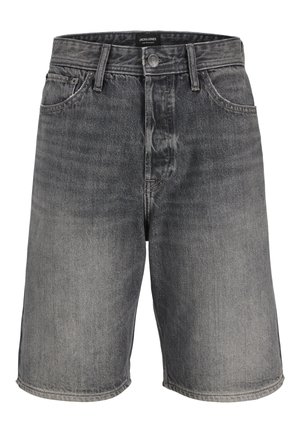 Svartvaskede herreshorts i denim med frontknapp, beltehemper og sidelommer, merket "Jack & Jones" på innsiden av midjebåndet.