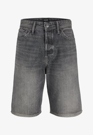 Svartvaskede herreshorts i denim med frontknapp, beltehemper og sidelommer, merket "Jack & Jones" på innsiden av midjebåndet.